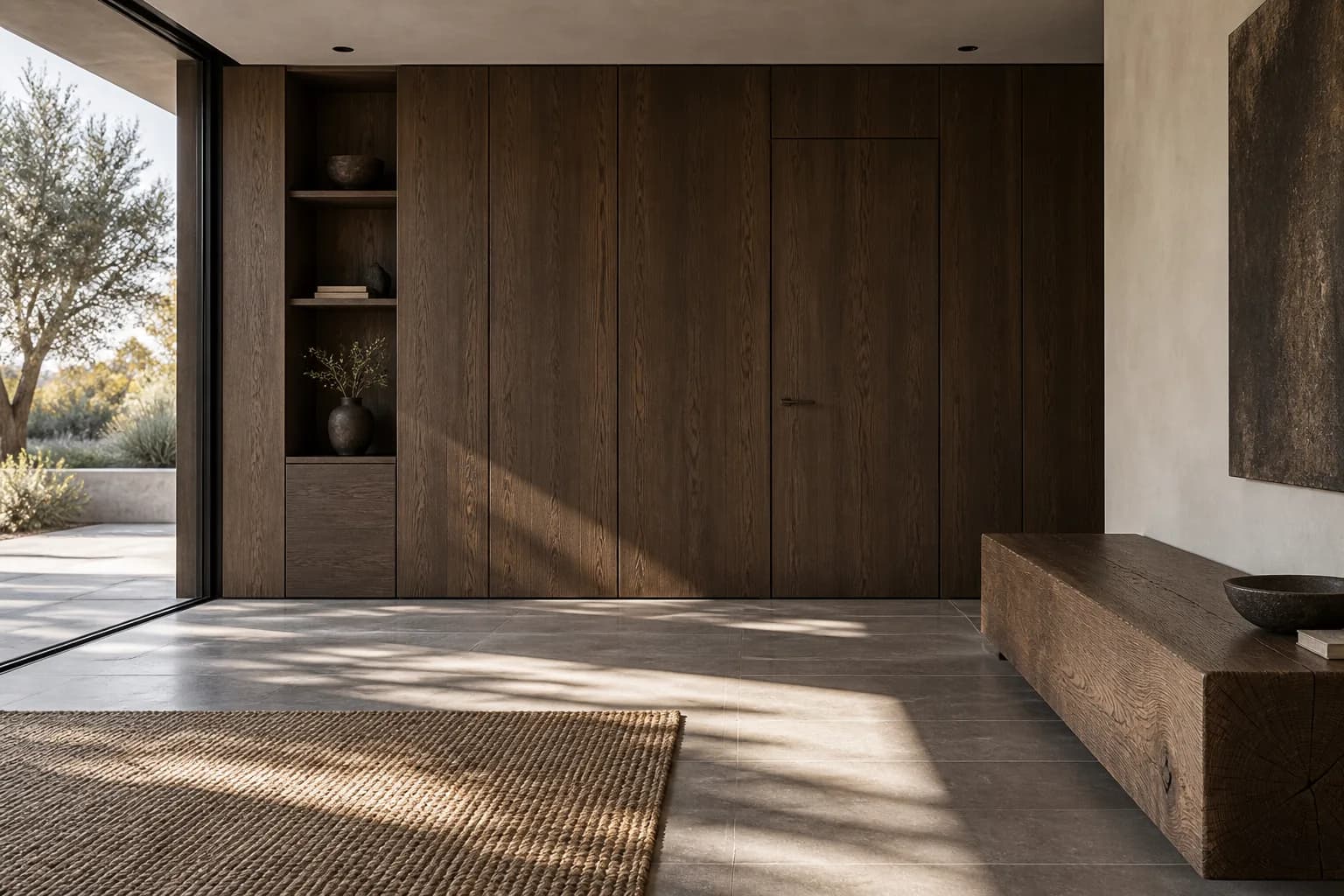 Gegenereerd sfeerconcept met eiken kastwerk, een houten deur en een bank